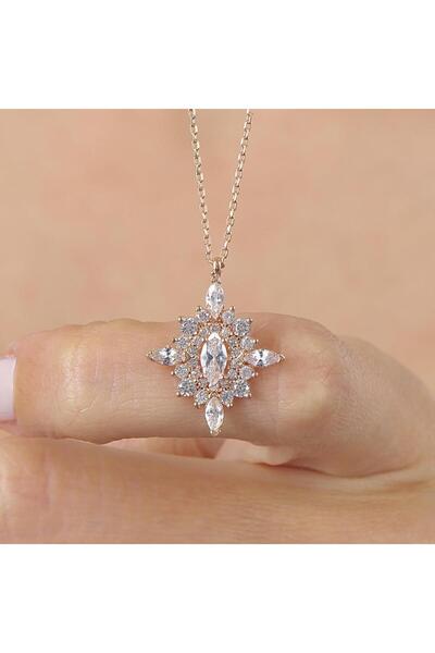 Mia Vento Işıltılı Hanedan Nişanı Rose Renk Vintage Gümüş Kolye