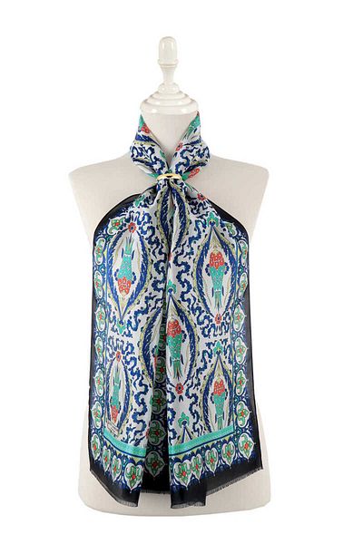 Bursa İpek Black Saks Large Tulip Voile Silk Scarf