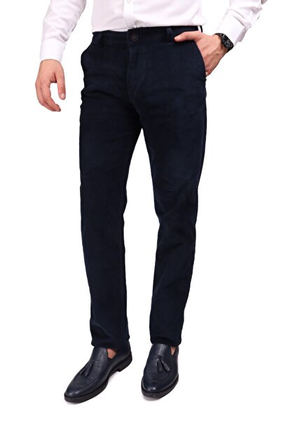 Daniel Voi Navy Blue Regular Fit Men's Cotton Trousers with Velvet Side Pockets