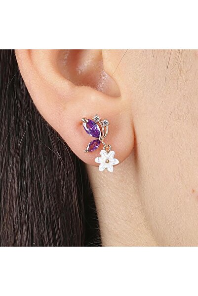 Mia Vento Ametist Taşlı Kelebek Neşesi Manolya Çiçeği Rose Renk Gümüş Küpe