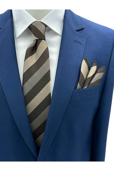 Brianze Brown Beige Striped Tie Handkerchief Set