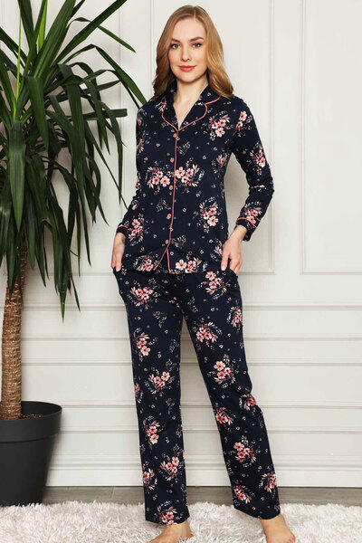 ALİMER Kadın Gömlek Yaka Önden Düğmeli %100 Pamuk Lacivert Pembe Çiçekli Uzun...