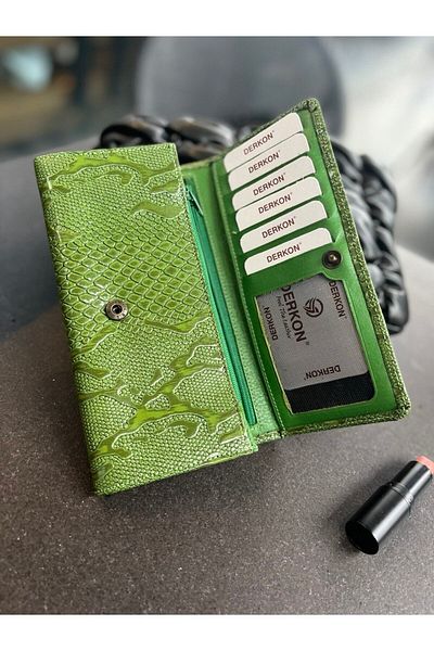 DERKON Portofel de damă din piele naturală verde cu model de crocodil