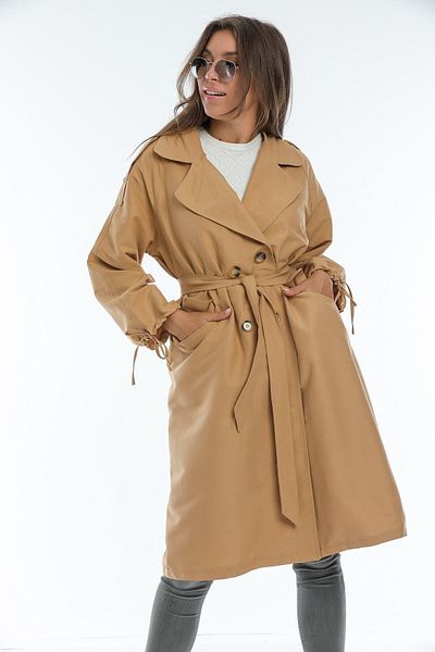 ensade Beige Sleeve Gathered Oversize Gabardine Trench Coat