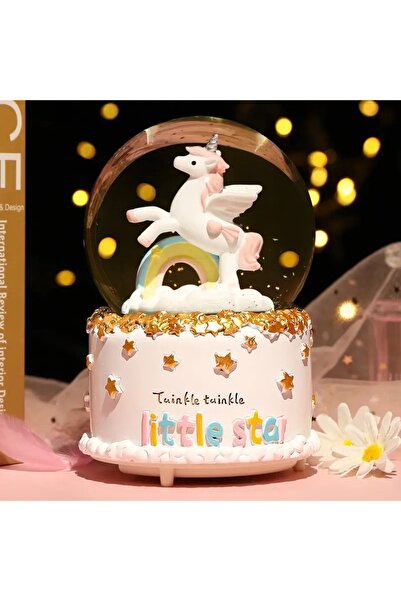 BEYZANA Orta Boy Unicorn Temalı Gökkuşağı Müzikli Ve Işıklı Kar Küresi Unicorn