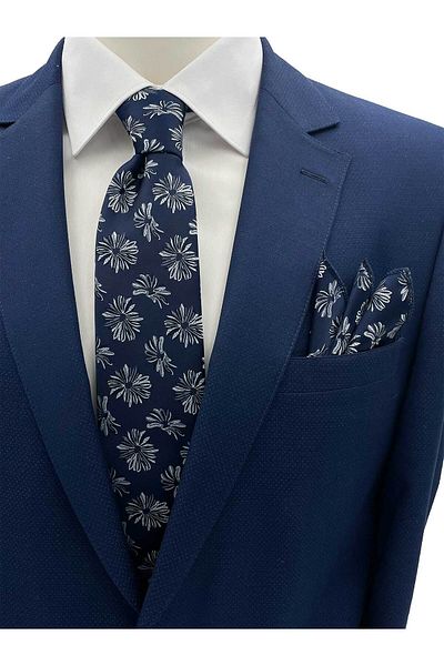 Brianze Navy Blue White Motif Pattern Tie Handkerchief Set