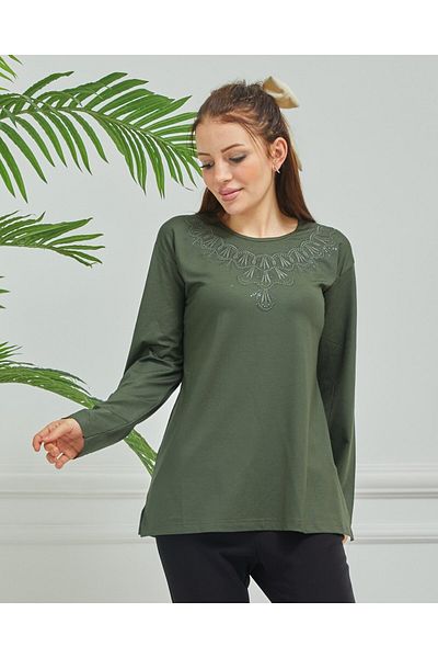 Fresh&Moda Women's Embroidered Mother Daily Middle Age Combed Cotton Blouse
