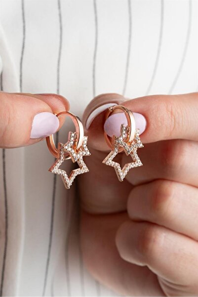 Silvano Jewelry 925 Ayar Rose Çift Yıldız Gümüş Küpe