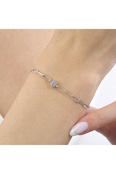 Mia Vento İtalyan Tasarım Ataç Zincirli Tek Işıltım Gümüş Bileklik