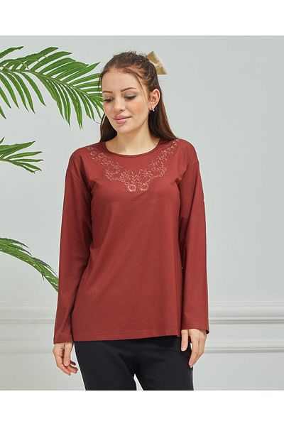 Fresh&Moda Women's Embroidered Mother Daily Middle Age Combed Cotton Blouse
