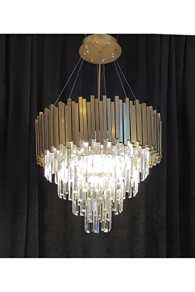 ÖZÇELİKLER Premium Antrasit Inox 60 Lık Daire Kristal Salon Taşlı Lüks Avize