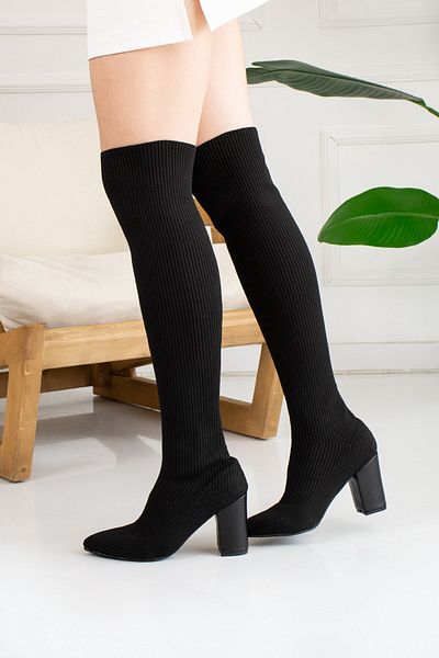 Allyup Zilnic Tricotaj cu dungi în dungi Cizme elastice Cu toc gros Pantofi negri confortabili 215u