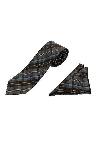 Brianze Brown Blue White Plaid Pattern Tie Handkerchief Set