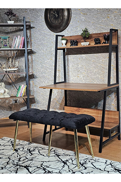 ZAFİR Gold Metal Siyah Oturaklı Sivriltme Ayaklı Babyface Puf & Bench & Oturak