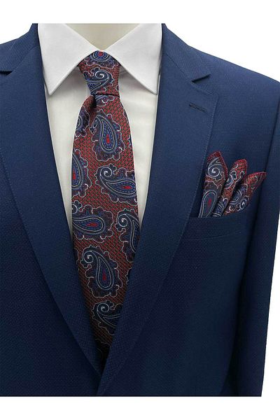 Brianze Red Blue Shawl Pattern Tie Handkerchief Set