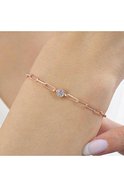 Mia Vento İtalyan Tasarım Ataç Zincirli Tek Işıltım Rosegold Gümüş Bileklik