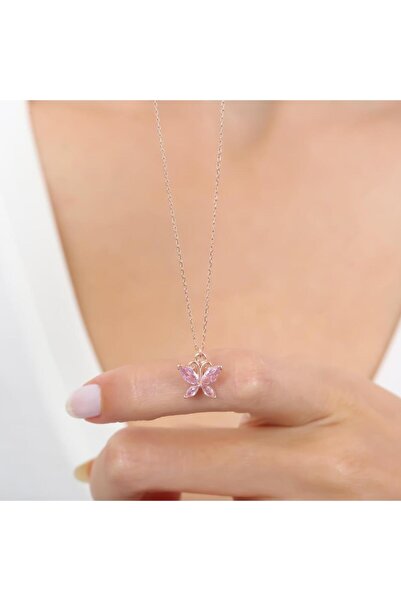 Mia Vento Pink Taşlı Kelebek Dokunuşu Rosegold Gümüş Kolye
