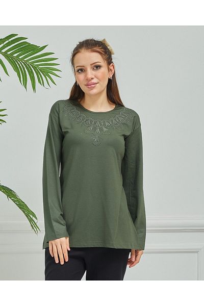 Fresh&Moda Women's Embroidered Mother Daily Middle Age Combed Cotton Blouse