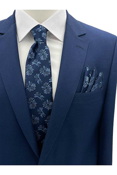 Brianze Navy Blue Motif Pattern Necktie Handkerchief Set