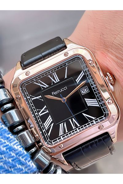 Ferrucci FERRUCCİ SQUARE MODEL CALENDAR LEATHER CORD MEN'S WRISTWATCH + BRACELET GIFT
