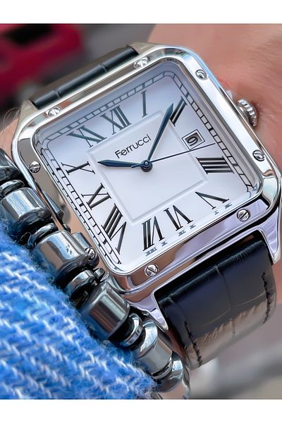 Ferrucci FERRUCCİ SQUARE MODEL CALENDAR LEATHER CORD MEN'S WRISTWATCH + BRACELET GIFT