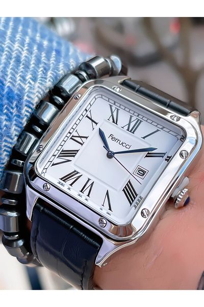 Ferrucci FERRUCCİ SQUARE MODEL CALENDAR LEATHER CORD MEN'S WRISTWATCH + BRACELET GIFT