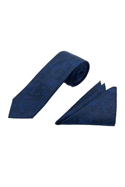 Brianze Navy Blue Motif Pattern Necktie Handkerchief Set