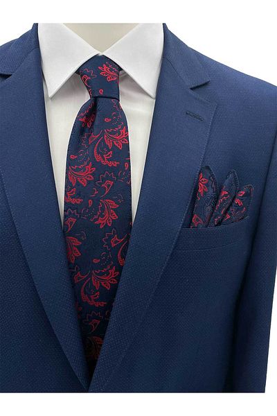 Brianze Navy Blue Red Motif Pattern Tie Handkerchief Set