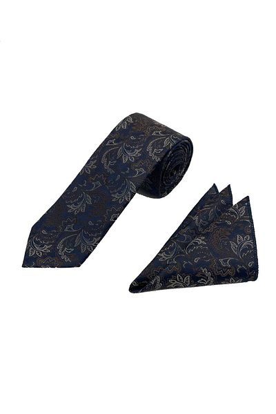 Brianze Navy Blue Brown Beige Motif Pattern Tie Handkerchief Set