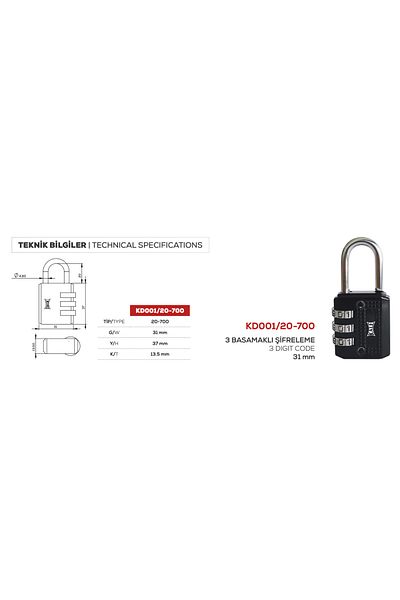 Kale Kilit Combination Padlock Zamak - Black 3 Step (10 pieces)