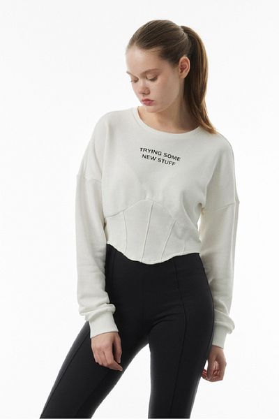 Mood Lab Hanorac cu imprimeu cu slogan crop cu detaliu corset în talie