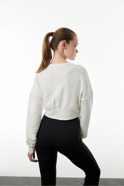 Mood Lab Hanorac cu imprimeu cu slogan crop cu detaliu corset în talie