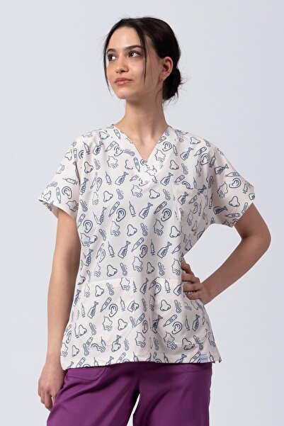 Medikal Dolap Pios Kadın Kulak Burun Boğaz Desenli Likralı Üniforma-Scrubs-KB...