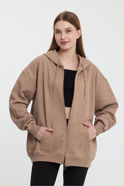 mmetalic Mink Kangaroo Pocket Hooded Zippered Inside Cotton Oversize Women's Sweatshirt