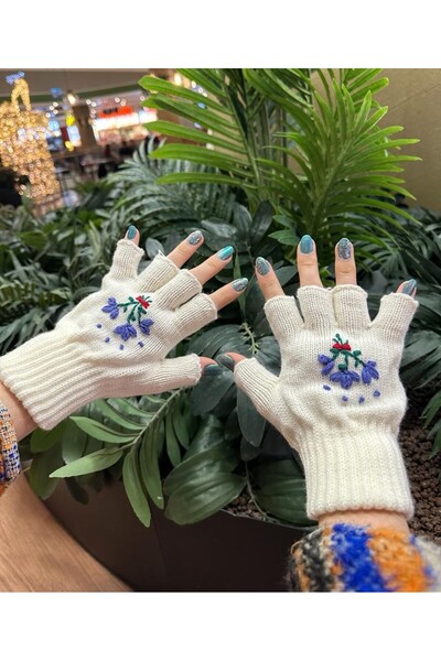 sema aksesuar Χειροποίητο εκρού χρώμα Floral κεντημένα δάχτυλα κομμένα γάντια...