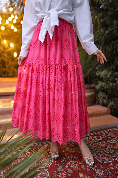 PİNK FLY Embroidery Lace Scallop Pearl Women's Skirt