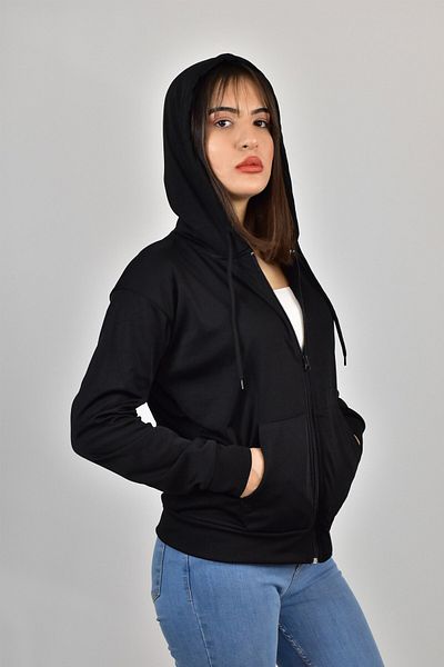 FİHA Fiha/5003-Sweat pentru femei Akat Şardonlu cu glugă și fermoar - negru