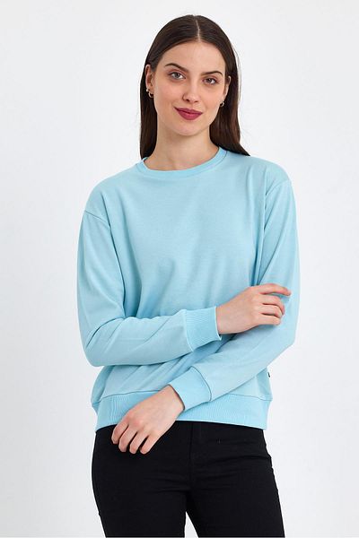 FİHA Fiha/5011-sweat pentru femei din bumbac pieptănat Lycra cu gâtul rotund - albastru gheață