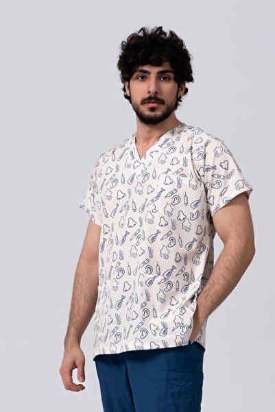 Medikal Dolap Pios Erkek Kulak Burun Boğaz Desenli Likralı Üniforma-Scrubs-KB...