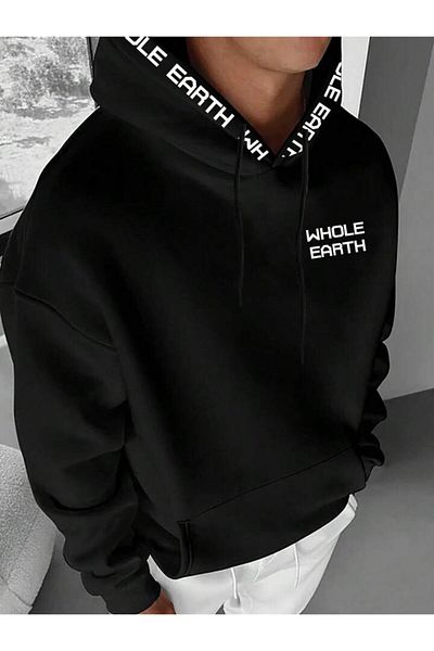 AMMA Unisex Μαύρο Whole Earth μπροστά και με κουκούλα με στάμπα μεγάλου μεγέθους Χειμερινό βαμβακερό φούτερ με κουκούλα