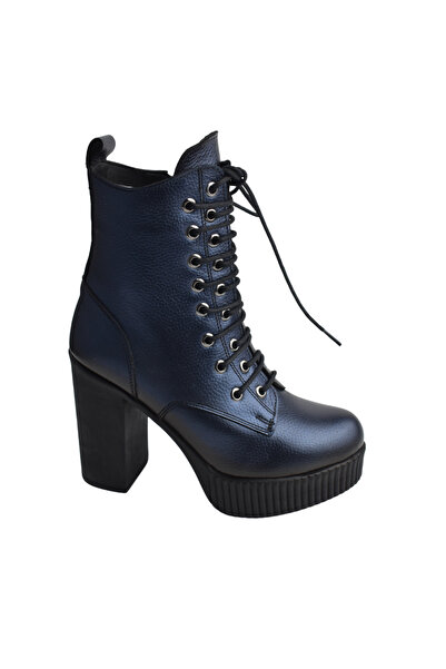 Impero Çift Kapsül Detaylı Lacivert Metalik Floter Topuklu Bot