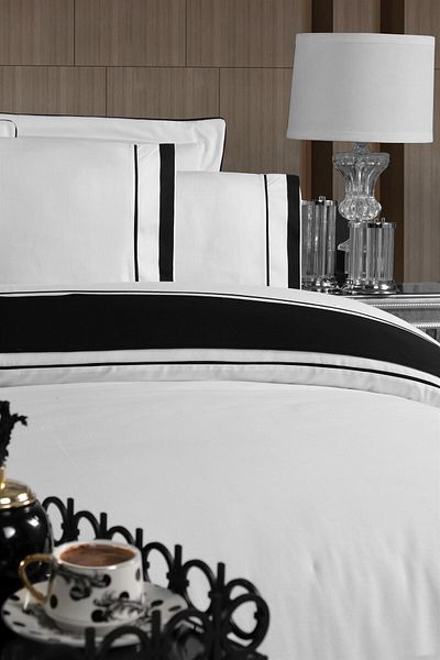 Silkarea Truva 100% Cotton Satin Duvet Cover Set – Fitted Sheet, Double, White-Black