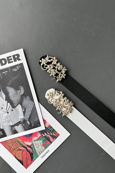 LİA KEMER Pachet de 2 curele cu cataramă cu model de margarete aurii, centură...