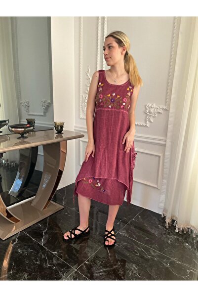 Bohemian Kadın Organik Kolsuz Nakışlı Uzun Otantik Elbise