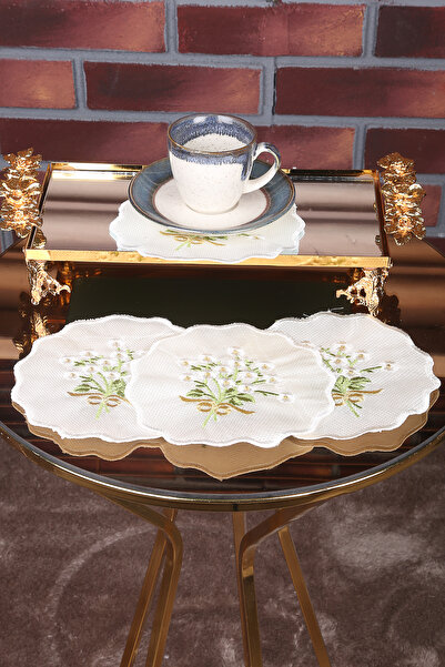 Teksev Daisy Cream 6-Piece Maras Work Glazed Embroidery Embroidered Gardenia Presentation Cocktail Coffee Napkin