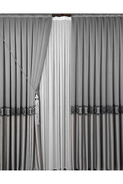 Yuka Panel Background Curtain Light Gray Mink and Black Striped Single Wing Close Pleated Jacquard Modern Patterned