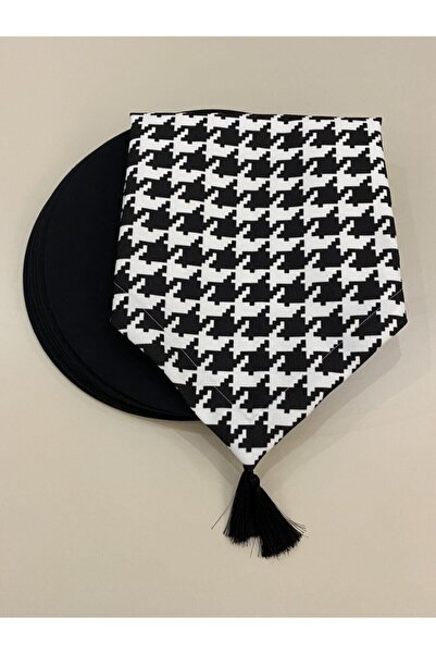 HALFART Kazayağı Desenli Duck Keten Runner ve 6 Adet Siyah Keten Supla Seti