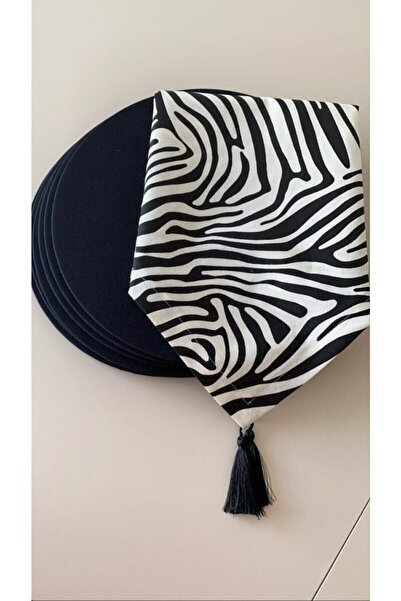 HALFART Zebra Desenli Duck Keten Runner ve 6 Adet Siyah Keten Supla Seti