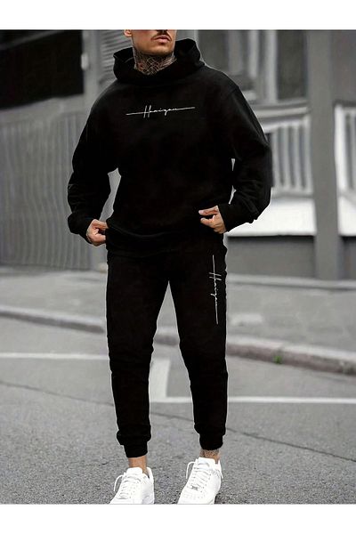 donamod Men's Black Letter Signature Kangaroo Pocket Hooded Tracksuit Set