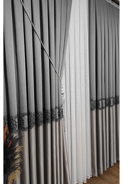 Yuka Panel Background Curtain Light Gray Mink and Black Striped Single Wing Close Pleated Jacquard Modern Patterned
